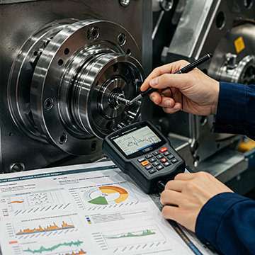 Technician performing acoustic analysis on machinery to monitor sound and vibration for maintenance and safety improvements.