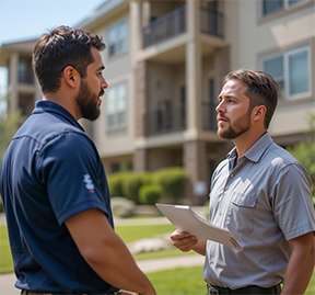 A property manager discussing preventive maintenance strategies with a technician.