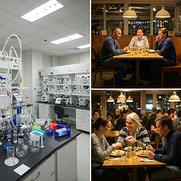 Diners in a restaurant discussing artificial ingredients and a food manufacturing laboratory.