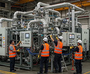 Technicians install new equipment in a facility during the asset break-in period to optimize performance and extend equipment lifespan.