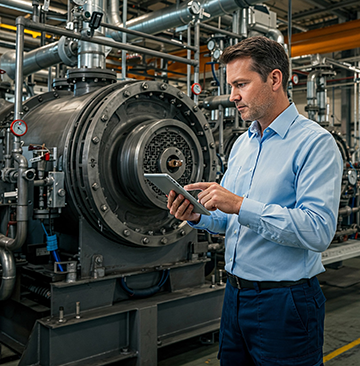 A facility manager analyzes CMMS reports on his factory's machinery.