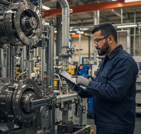 A maintenance technician uses a mobile CMMS to update readings during an asset's break-in period.