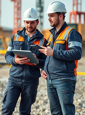 Technicians collaborating on an asset management program in an industrial setting.