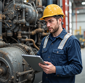 A supervisor uses a CMMS to monitor food processing equipment.