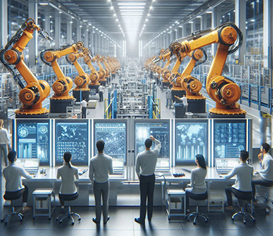 A representation of a crew of analysts review a factory of asset utilization