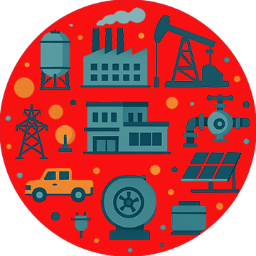 Illustration of diverse company assets across industries, including equipment, buildings, and machinery.