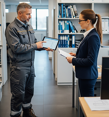 A maintenance supervisor showing a CMMS generated report for an auditor.