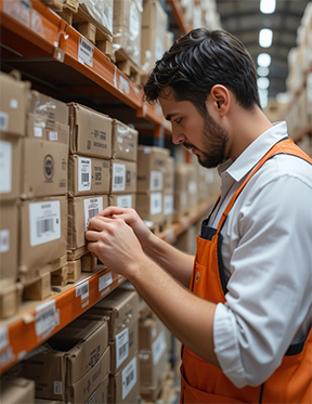 Warehouse worker affixing a barcode on a maintenance inventory box.