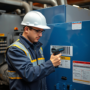 A technician uses barcoding for asset management.