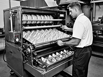 A technician conducts maintenance on a taffy-pulling machine.