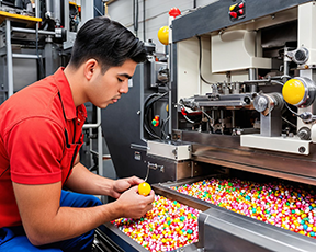 A technician completes a CMMS work order on a machine that creates jawbreakers.