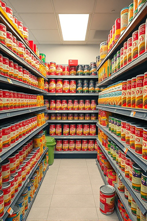 Shelves full of canned goods.