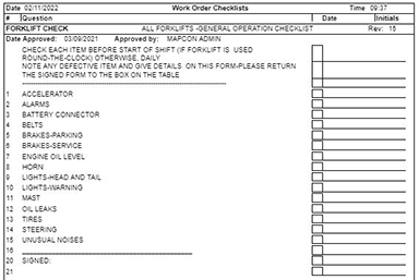 Example of a MAPCON checklist to combat unplanned downtime.