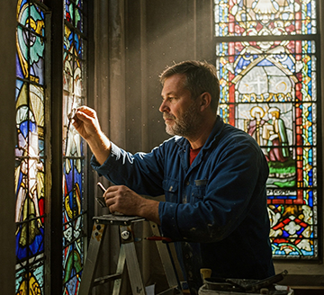 A maintenance worker fulfills a CMMS work order in a church.