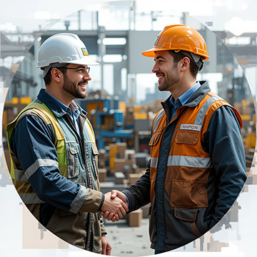 Two maintenance workers shake hands after purchasing a new CMMS.
