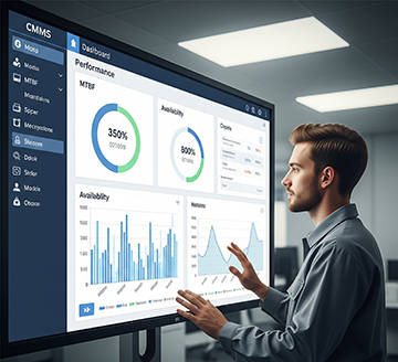 A maintenance supervisor uses a CMMS to analyze reliability calculations.