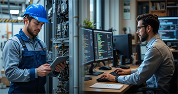 A maintenance technician with CMMS mobile with a CMMS programmer on the other side.