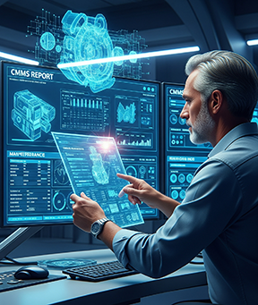 A maintenance manager reviews CMMS reports on routine maintenance.