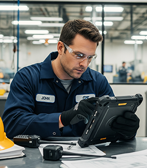A supervisor discusses performance and efficiency with a maintenance technician through CMMS reports.