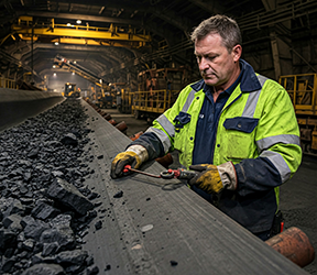 A maintenance worker fulfills a CMMS work order to keep up with conveyor belt maintenance.