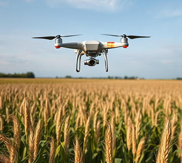 A drone, maintenanced with the help of a CMMS collects crop information