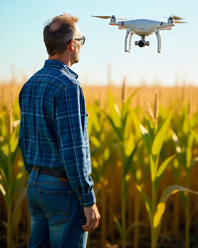 A farmer watches a drone for agricultural study.