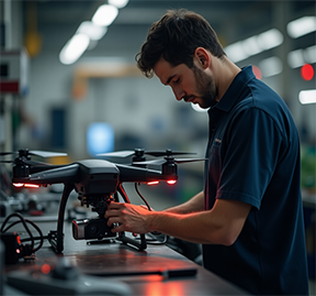 A technician performs a CMMS work order maintenance on a drone.