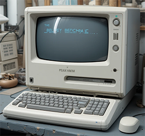 Vintage computer, reminiscent of early PC systems used in the 1980s for maintenance management.