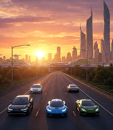 A representation of a future world with cars powered by electricity and other fuels.