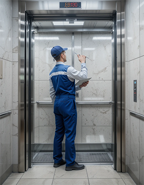 A technician performing safety maintenance on an elevator
