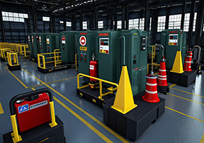Emergency stations in a facility, highlighting safety protocols on maintenance management.
