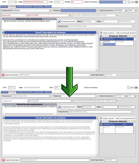 MAPCON's language conversion from English to French.