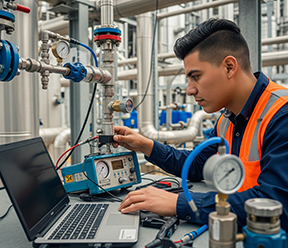 A technician calibrates a sensor in an ethanol plant.