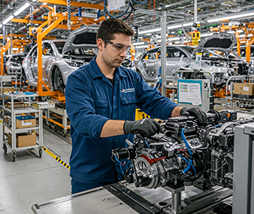 A maintenance worker completes a CMMS work order at an EV plant.
