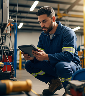 A maintenance technician reviews a CMMS work order for his facility management.