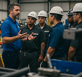 A facility manager discusses CMMS work orders to his maintenance department.