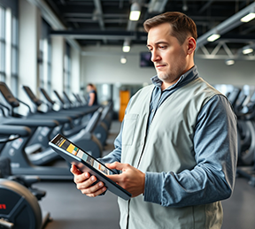 A maintenance techniican in a fitness club looks at a CMMS work order