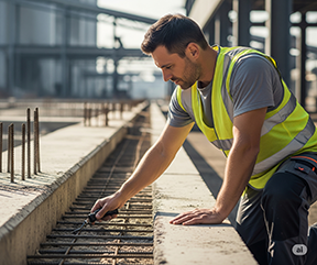 A maintenance worker inspects a facility's foundation through a CMMS work order.