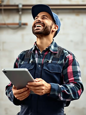 A maintenance worker laughing at his ridiculous wok order.