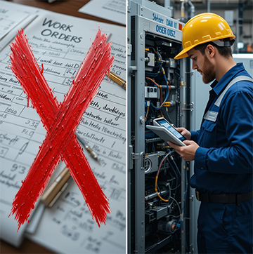 Depiction of an X on paper work orders next to a technician using a CMMS for asset management.