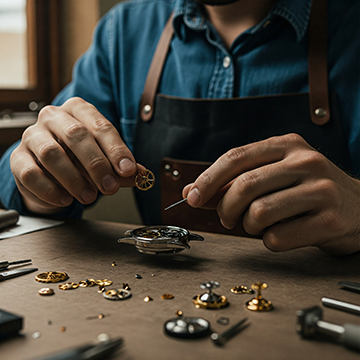 A craftsman assembles a watch from CMMS purchased inventory.