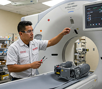 Hospital technician performing preventative maintenance on MRI equipment.