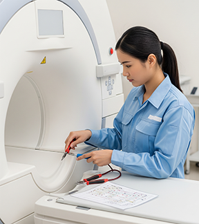 A technician conducts maintenance on an MRI machine