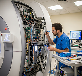 A technician fulfills an annual maintenance contract on hospital equipment.