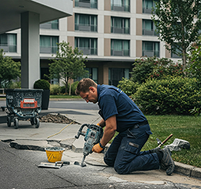 Hospitality maintenance technician using CMMS software on a mobile device to streamline hotel maintenance tasks.