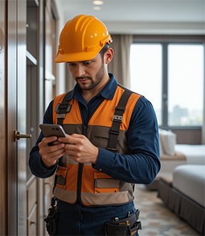 Hotel maintenance technician performing preventative maintenance to ensure optimal hospitality for guests.