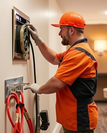 A hotel maintenance technician finishing a CMMS-dispatched work order.