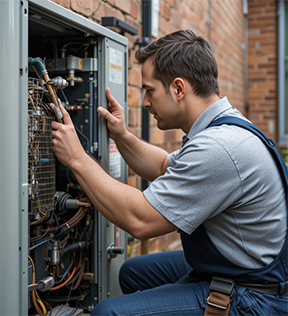 A technician conducts preventive maintenance on a school HVAC