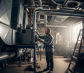A technician completes a CMMS work order on a facility's HVAC.