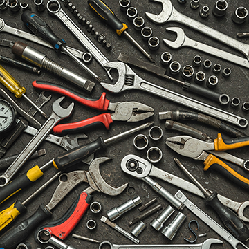 A range of essential industrial tools used in maintenance tasks.